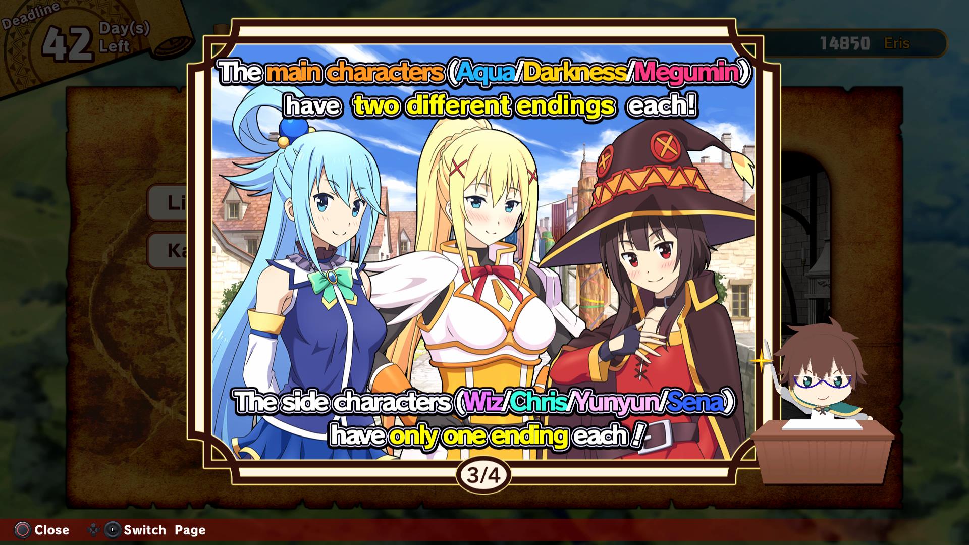A screenshot showing the ending options from Konosuba