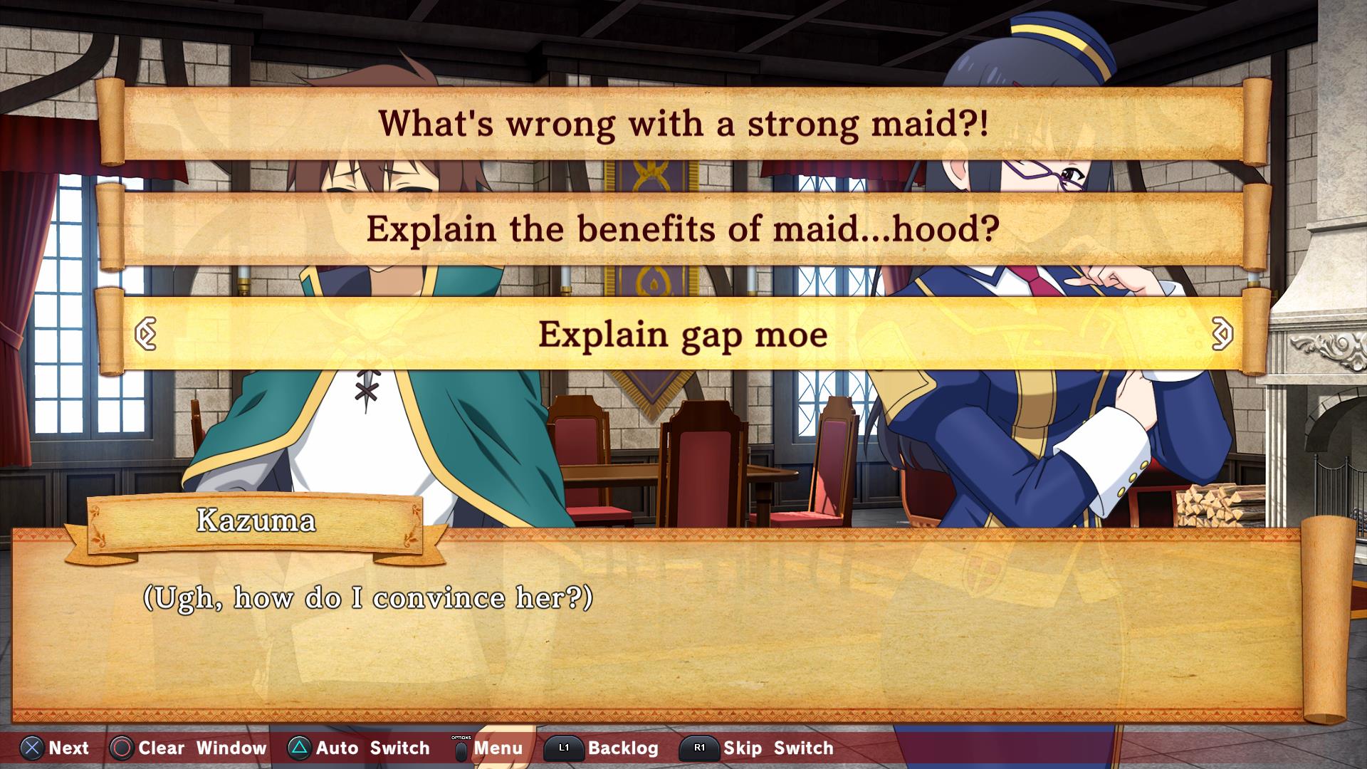 Text choice from the game Konosuba showing a funny moment